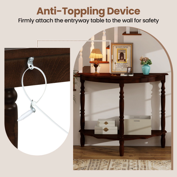 Hivvago Elegant Semi-Circle Hall Table with Storage Shelf and Rubberwood Supports