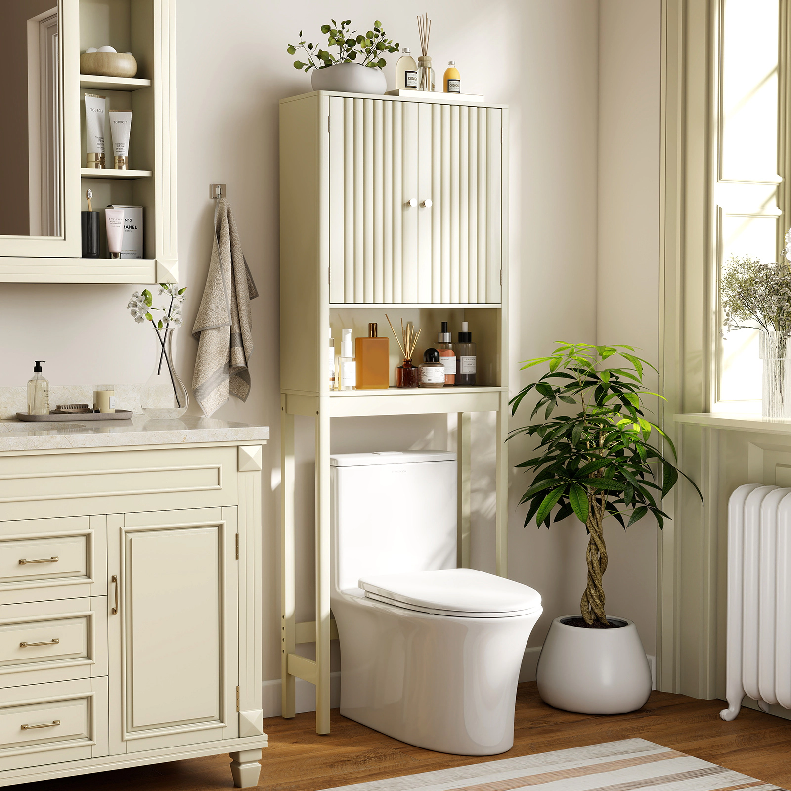 Slickblue Over The Toilet Bathroom Storage Cabinet with Fluted Doors and Adjustable Shelf