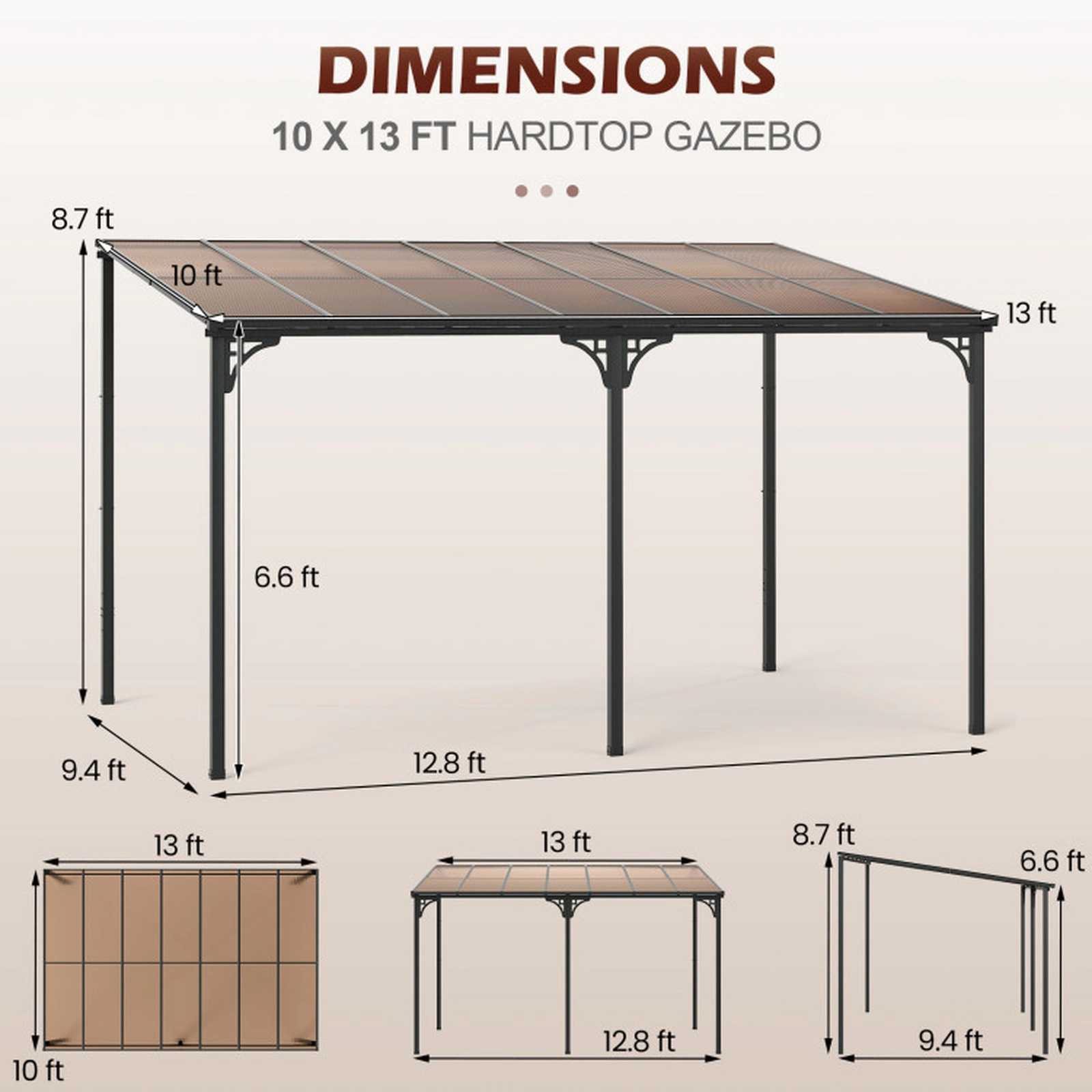 SUGIFT Black Sloped Polycarbonate Roof 13 x 10 ft Wall-Mounted Hardtop Pergola