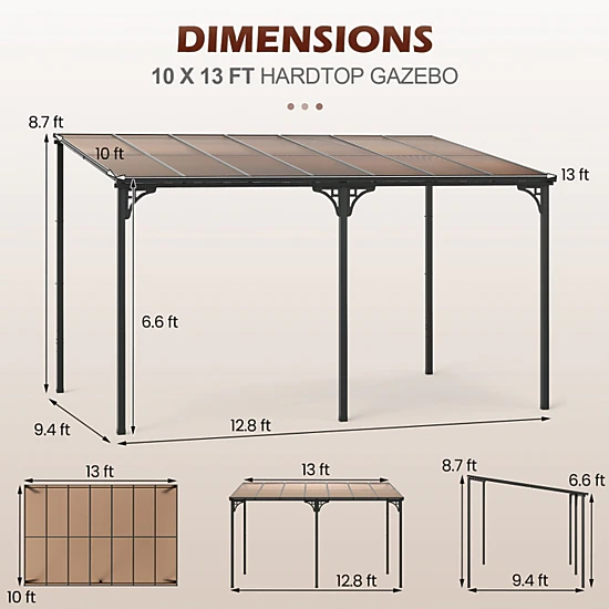 SUGIFT Black Wall-Mounted Hardtop Pergola Gazebo with Sloped Polycarbonate Roof 13-ft W 10-ft D 8.7-ft H