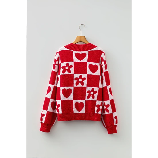 Threaded Pear Women's Marianna Checkered Knit Loose Sweater