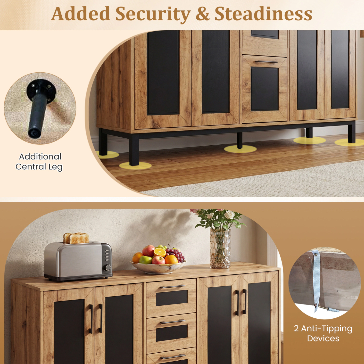 Glintex 63-Inch Sideboard with 3 Drawers and 2 Double-Door Cabinets, Natural + Black