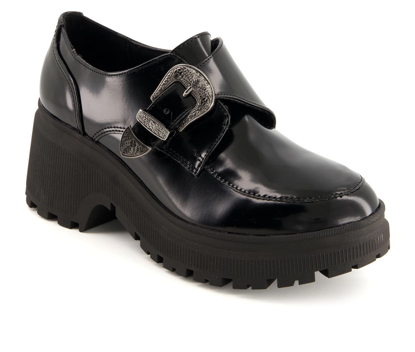 Andrea Womens Chunky Sole Heeled Patent Moccasins