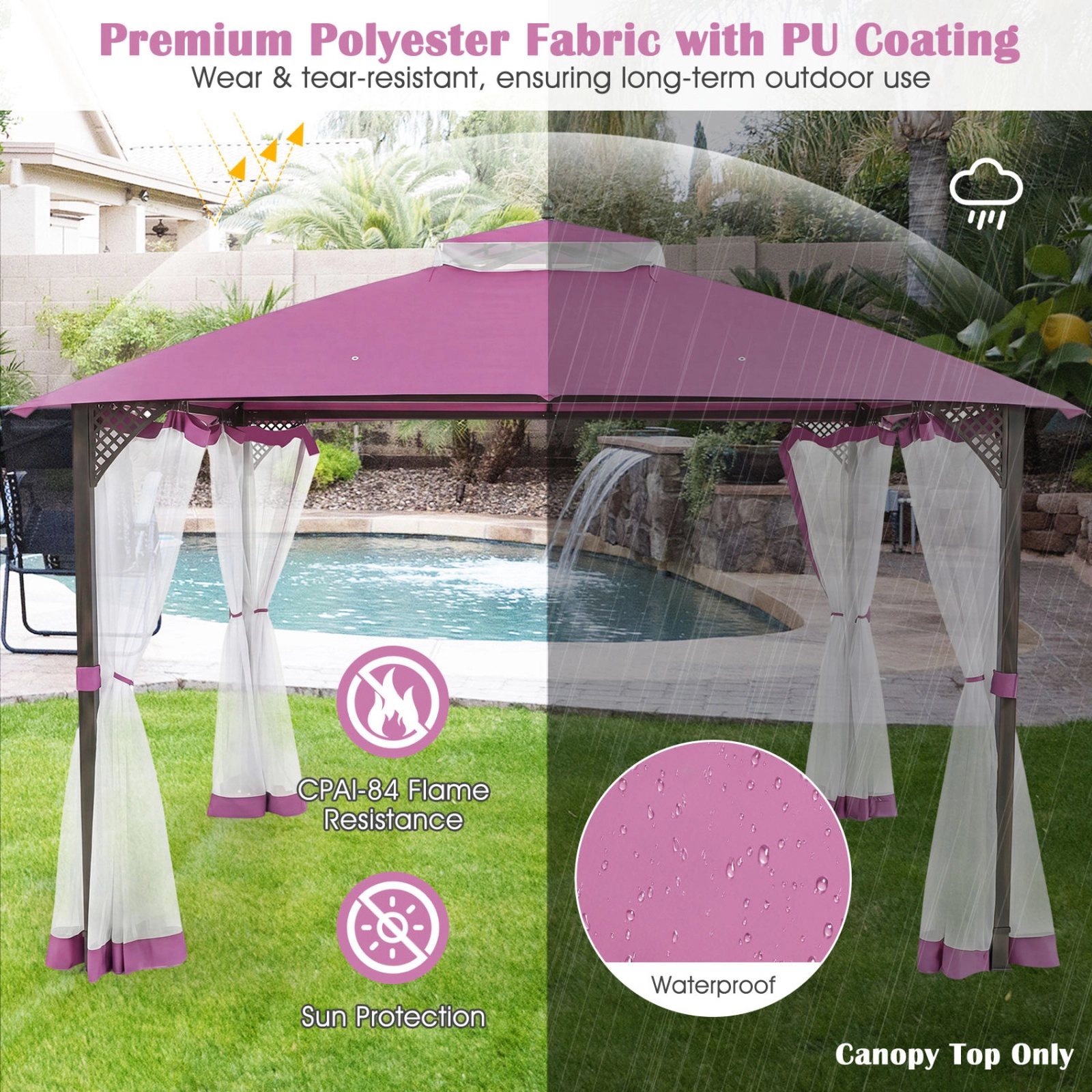 SUGIFT 10-ft x 12-ft Pink Gazebo Replacement Canopy Cover with Double Roof Mesh Vent and Waterproof Top