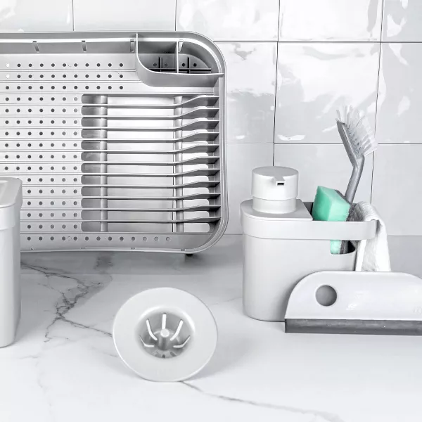 OU Dish Drying Rack for Kitchen Counter, Freestanding Plastic Strainer with Utensil Holder, Compact Drain