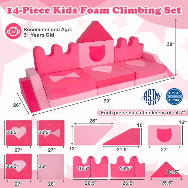 Hivvago 14 Piece Kids Play Couch Modular Foam Climbing Blocks For Kids 3+ Years Old