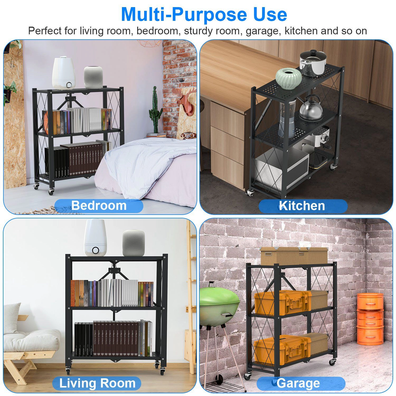 Flynama 3 Tier Foldable Shelving with Lockable Wheels No Assembly Rolling Utility Rack for Kitchen Pantry and Bedroom