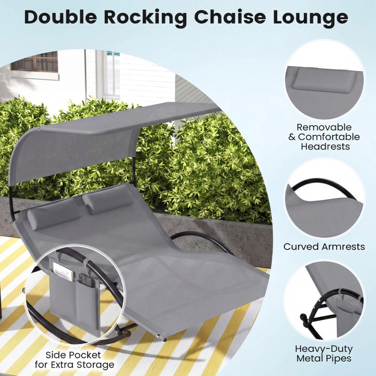 SUGIFT 2 Person Rocking Sunbed Gray Canopied Patio Lounger with Detachable Headrests