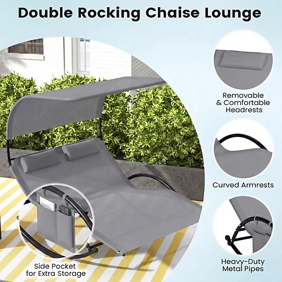 SUGIFT 2 Person Rocking Sunbed Gray Canopied Patio Lounger with Detachable Headrests