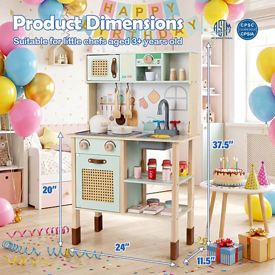 SUGIFT Wooden Play Kitchen with Lights and Sounds Retro Style for Kids 3+ Years 24-in Wide Green with Accessories