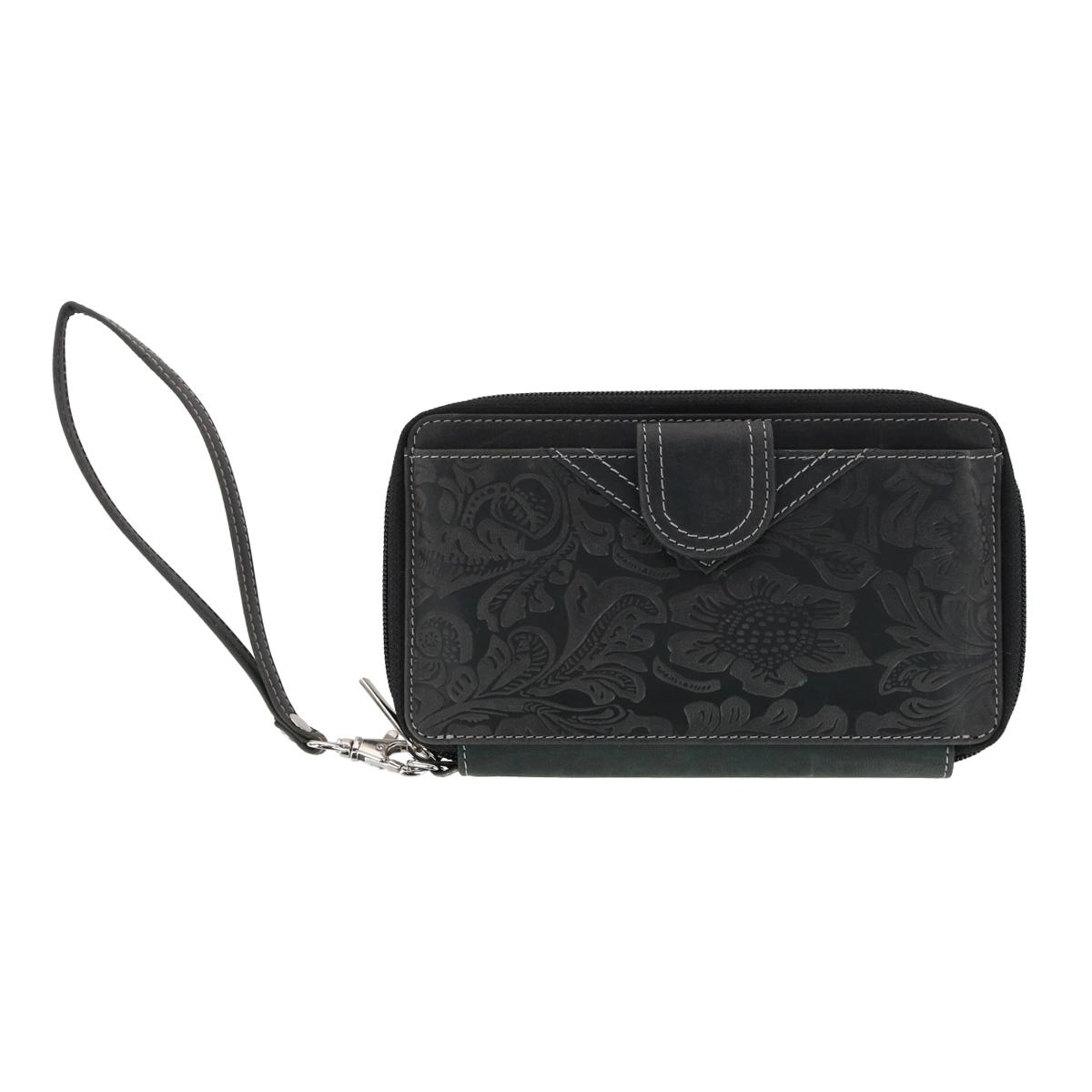 CTM Women's Embossed Floral Tooled Leather Wristlet