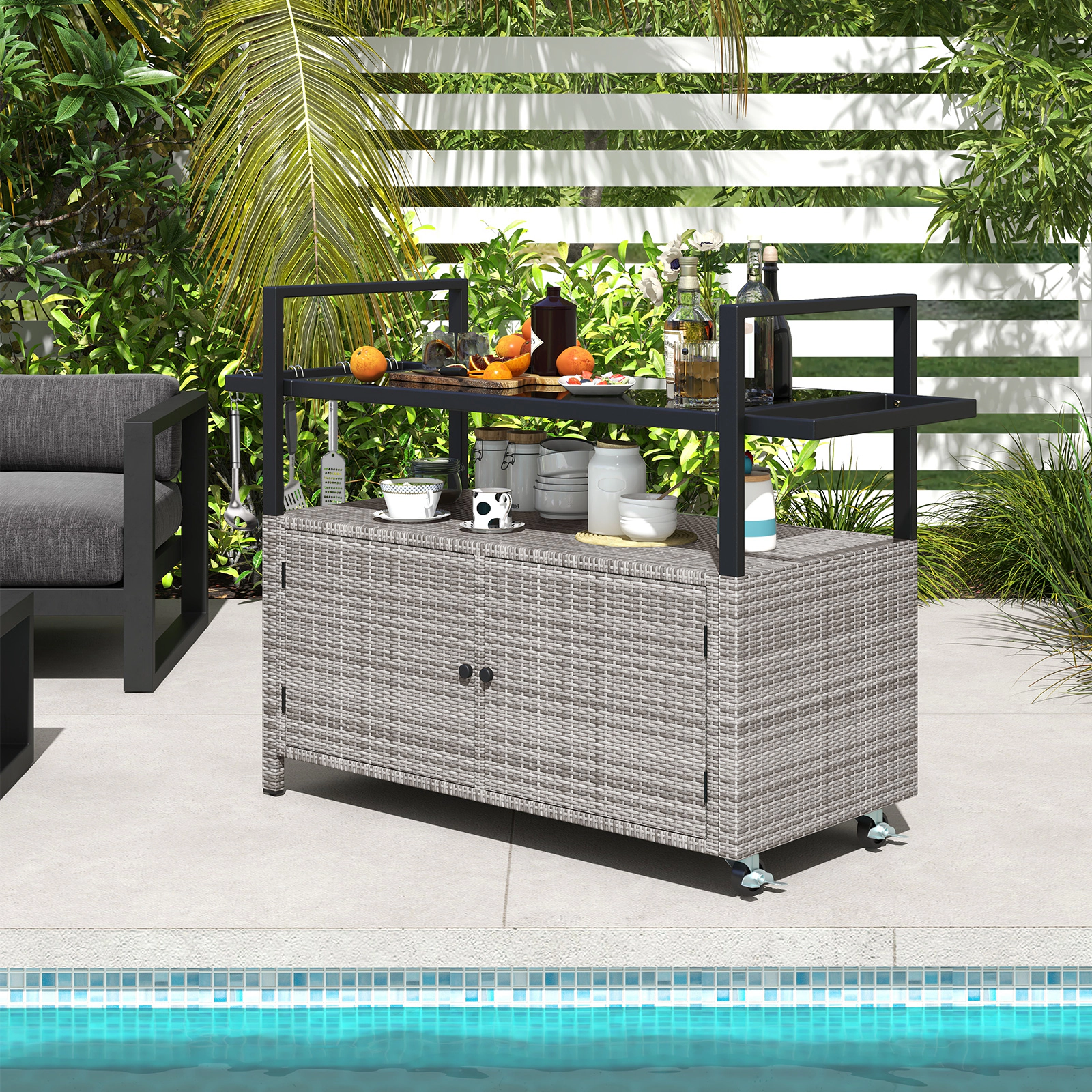 SUGIFT 51-in Wicker Outdoor Bar Cart with Tempered Glass Top 2-Door Cabinet and 8 Removable Hooks