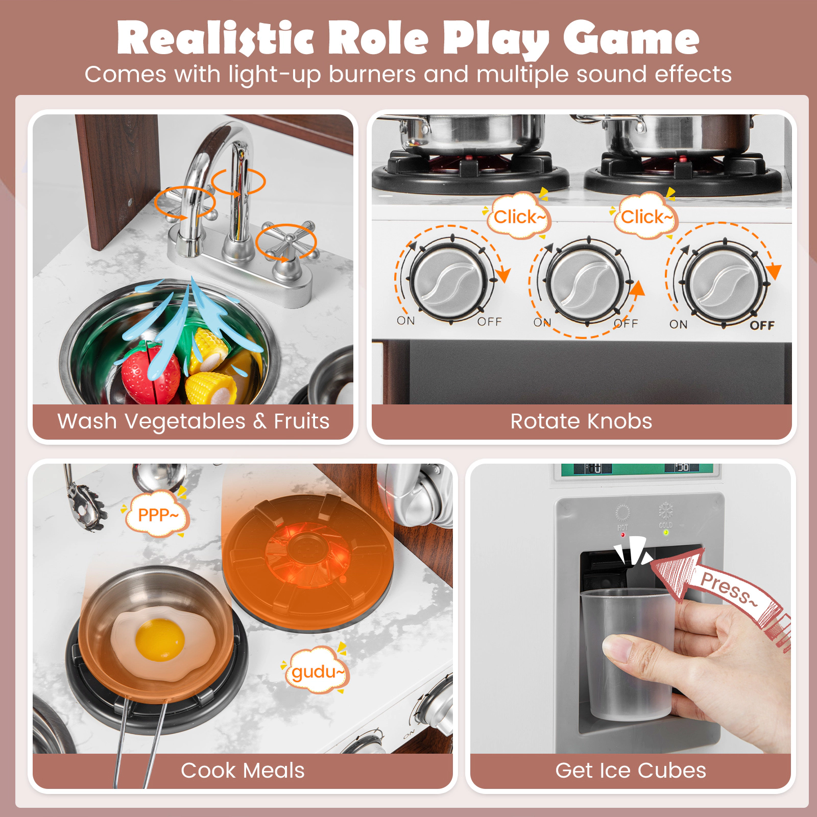 Kids Kitchen Playset with Realistic Lights and Sounds 2 Steel Pots and 3 Utensils 29-in x 11.5-in x 32-in Brown White