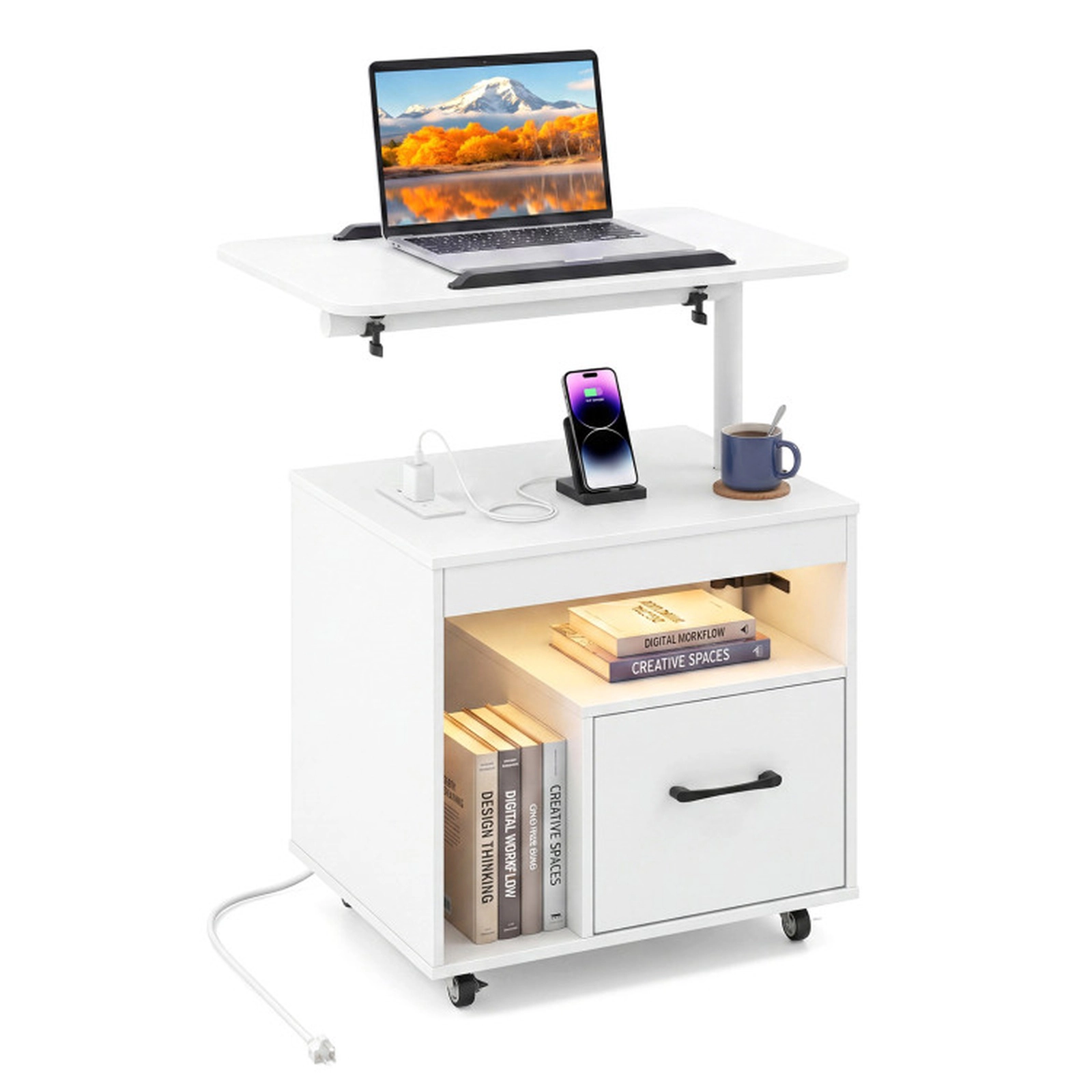 SUGIFT LED Nightstand with Power Outlets Flip Over & Rotatable Tabletop Bedside Table with Drawer & Storage Shelf White