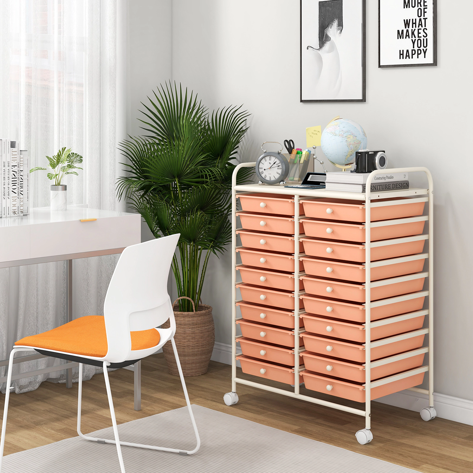 SUGIFT Peach 34-in 20-Drawer Rolling Storage Cart Art Studio Organizer with Removable Trays and Wheels