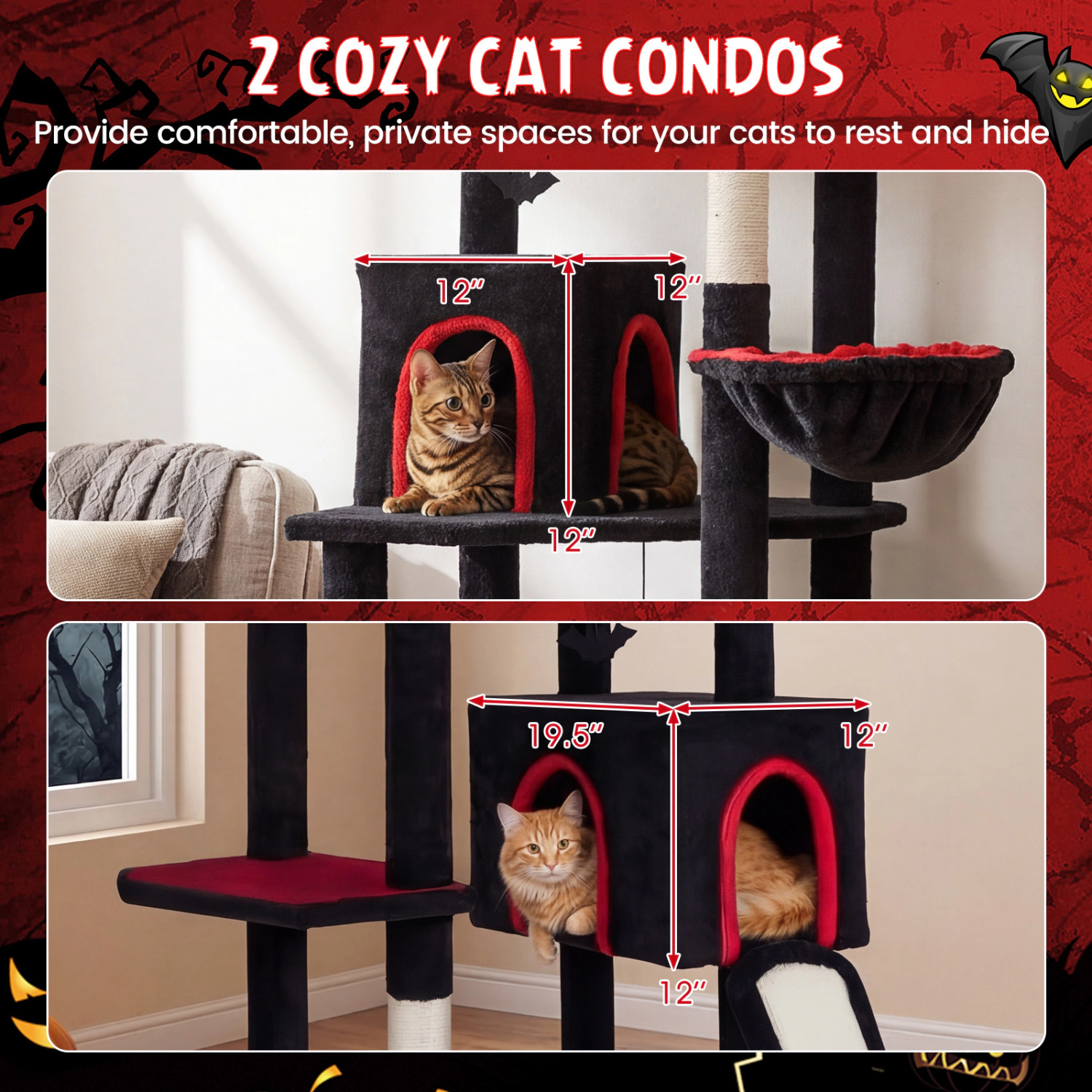 LJG 75 Inch Gothic Cat Tree with 2 Condos and Top Perch for Large Cats 20+ LBS