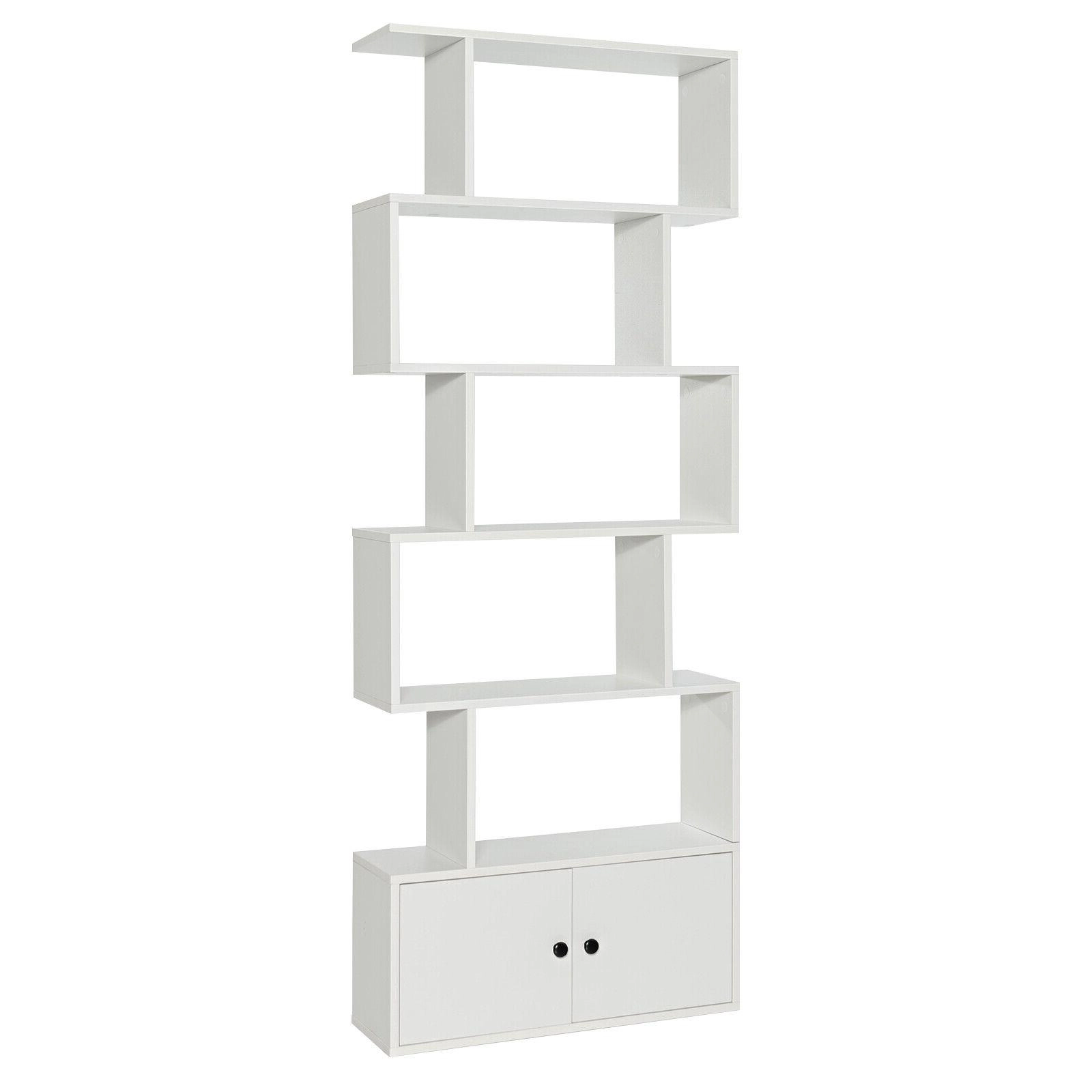 SUGIFT White 6-Tier S-Shaped Freestanding Bookshelf with Cabinet and Doors