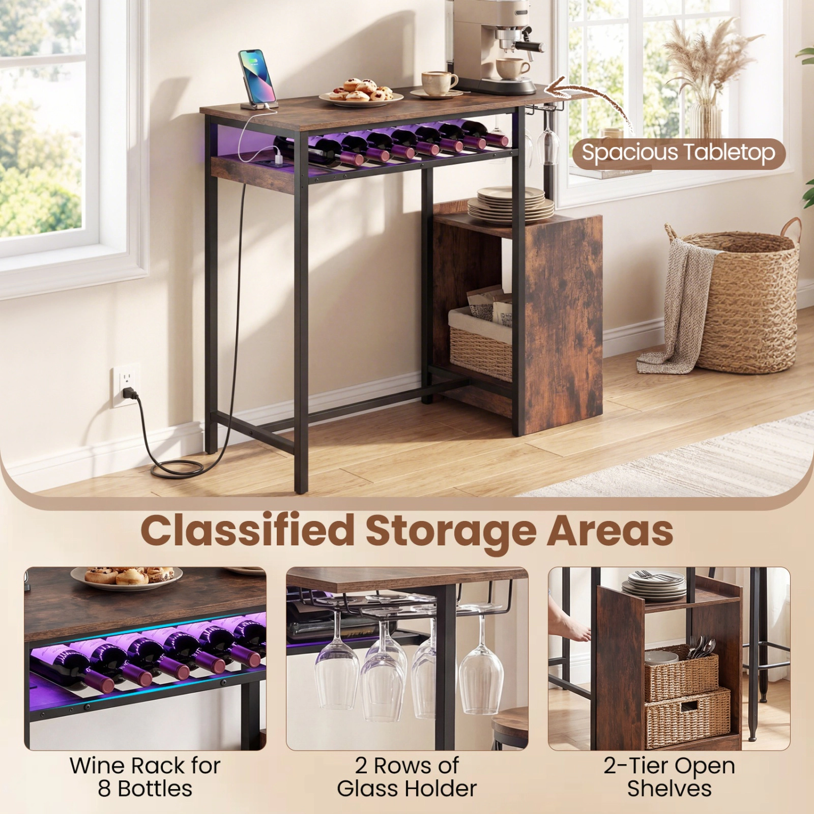 SUGIFT 43-In Counter-Height Pub Table, Rustic Brown, RGB LED Light, Charging Station and Wine Rack