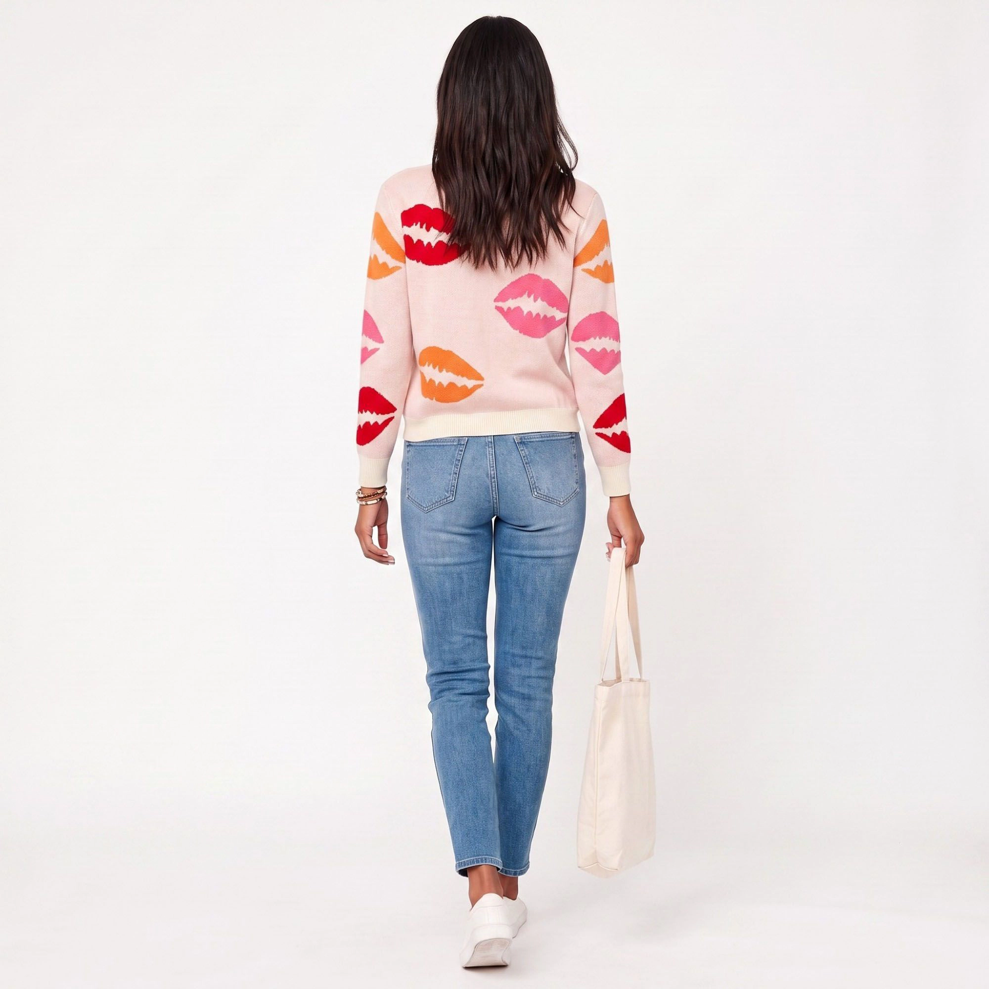 Anna-Kaci Women's Lip Print V-Neck Long Sleeve Knit Sweater