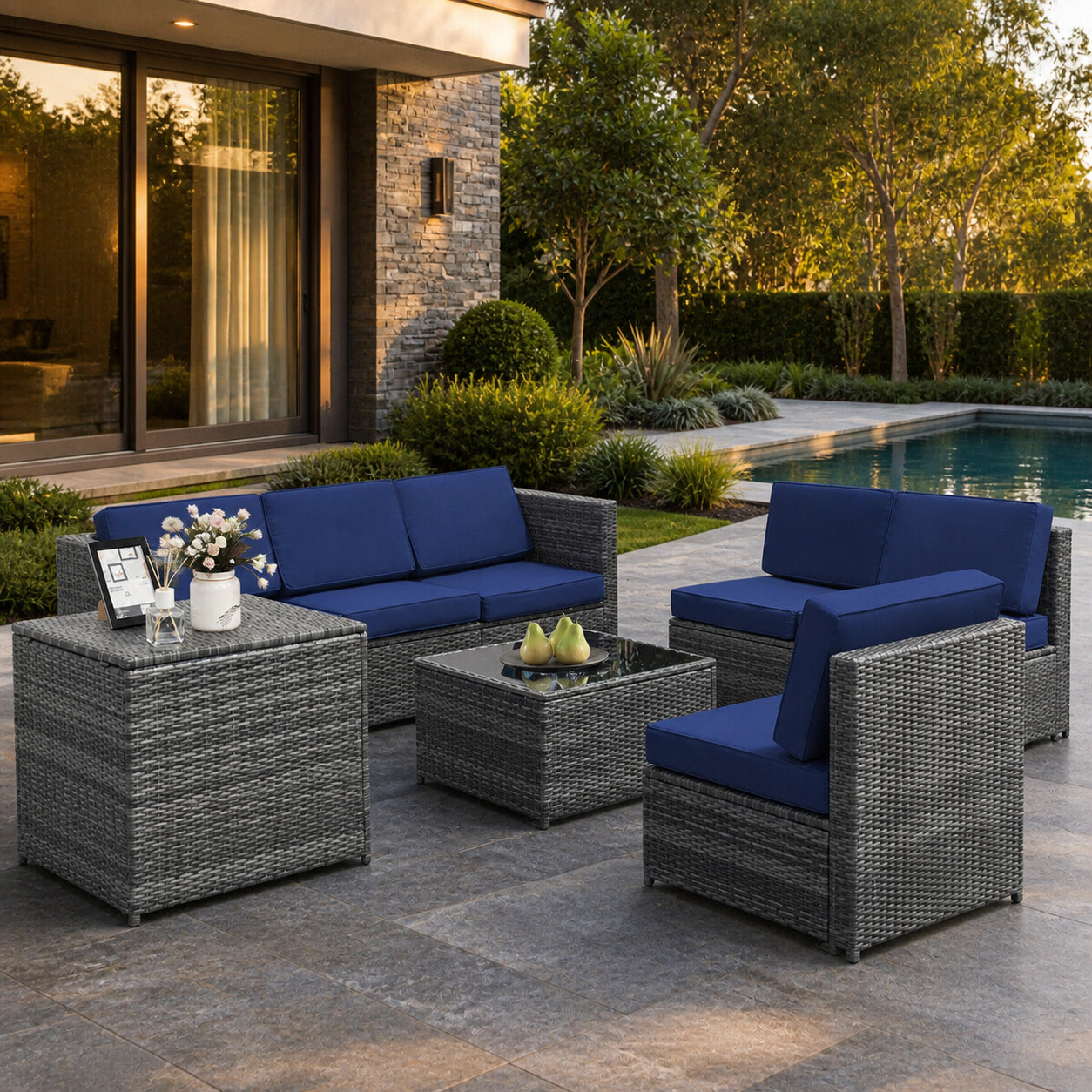 SUGIFT 8-Piece Navy Wicker Patio Sectional Set with Storage Box and Glass Coffee Table