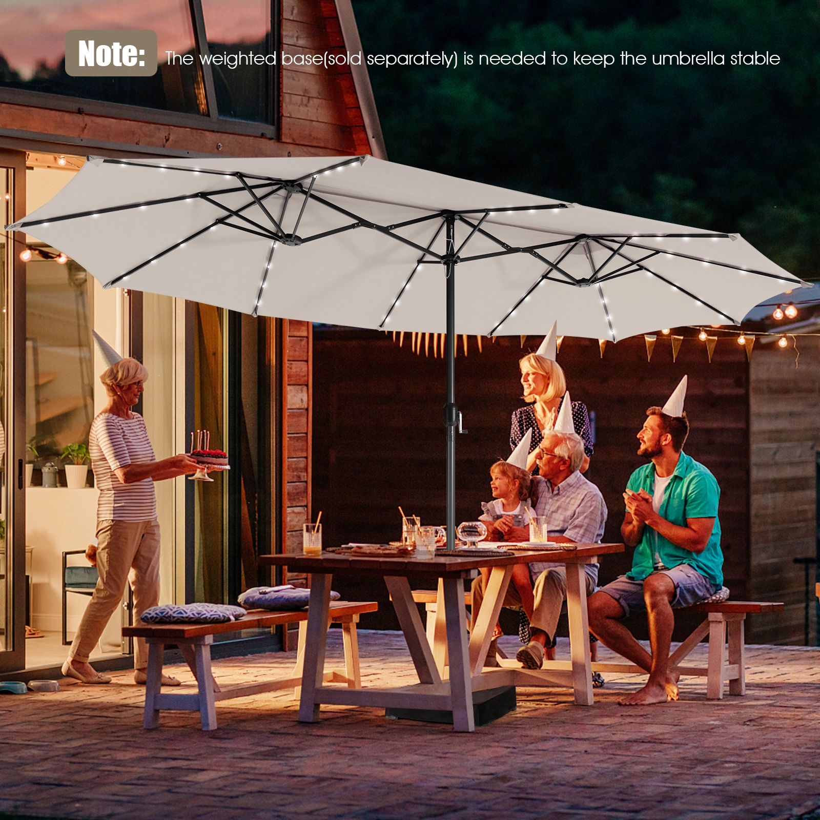 SUGIFT Double-Sided 15-Ft Twin Patio Umbrella with 48 Solar LED Lights Hand-Crank Steel Pole 15.4 x 9.2 x 8 in Beige