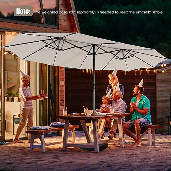 SUGIFT Double-Sided 15-Ft Twin Patio Umbrella with 48 Solar LED Lights Hand-Crank Steel Pole 15.4 x 9.2 x 8 in Beige