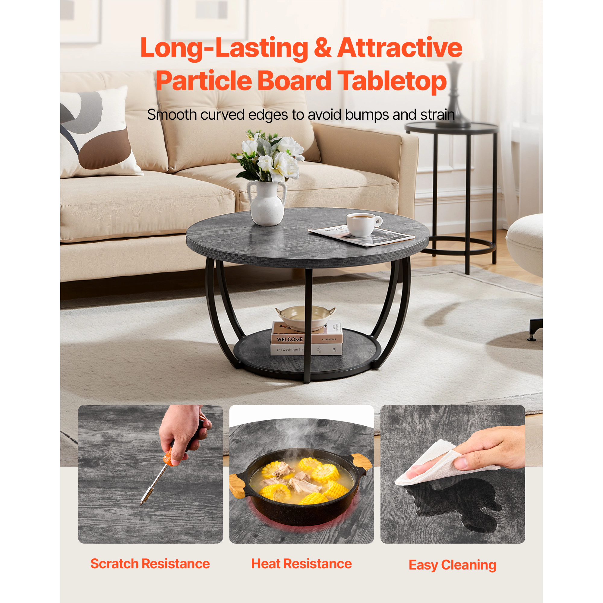 HONGGE Coffee Table Modern Round Coffee Table 2 Tiers Wooden Circle Center Desk with Open Storage Minimalist Sturdy