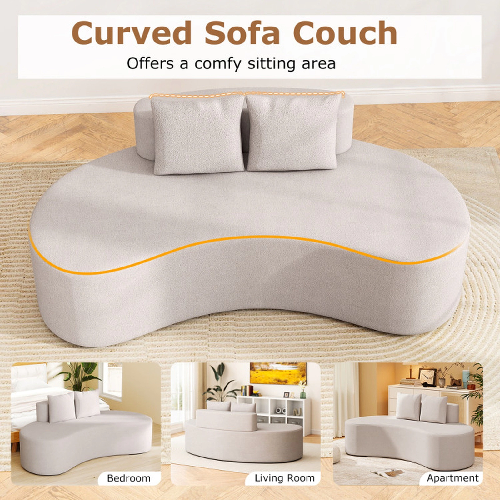 SUGIFT 78.5-Inch Curved Boneless 3-Seat Sofa, Beige/Grey, with Throw Pillows