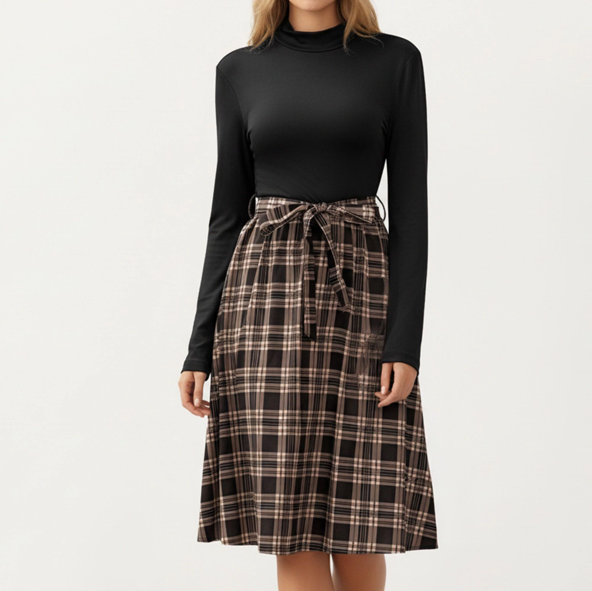 Anna-Kaci Women's Long Sleeve Turtleneck Plaid Waist Tie Dress
