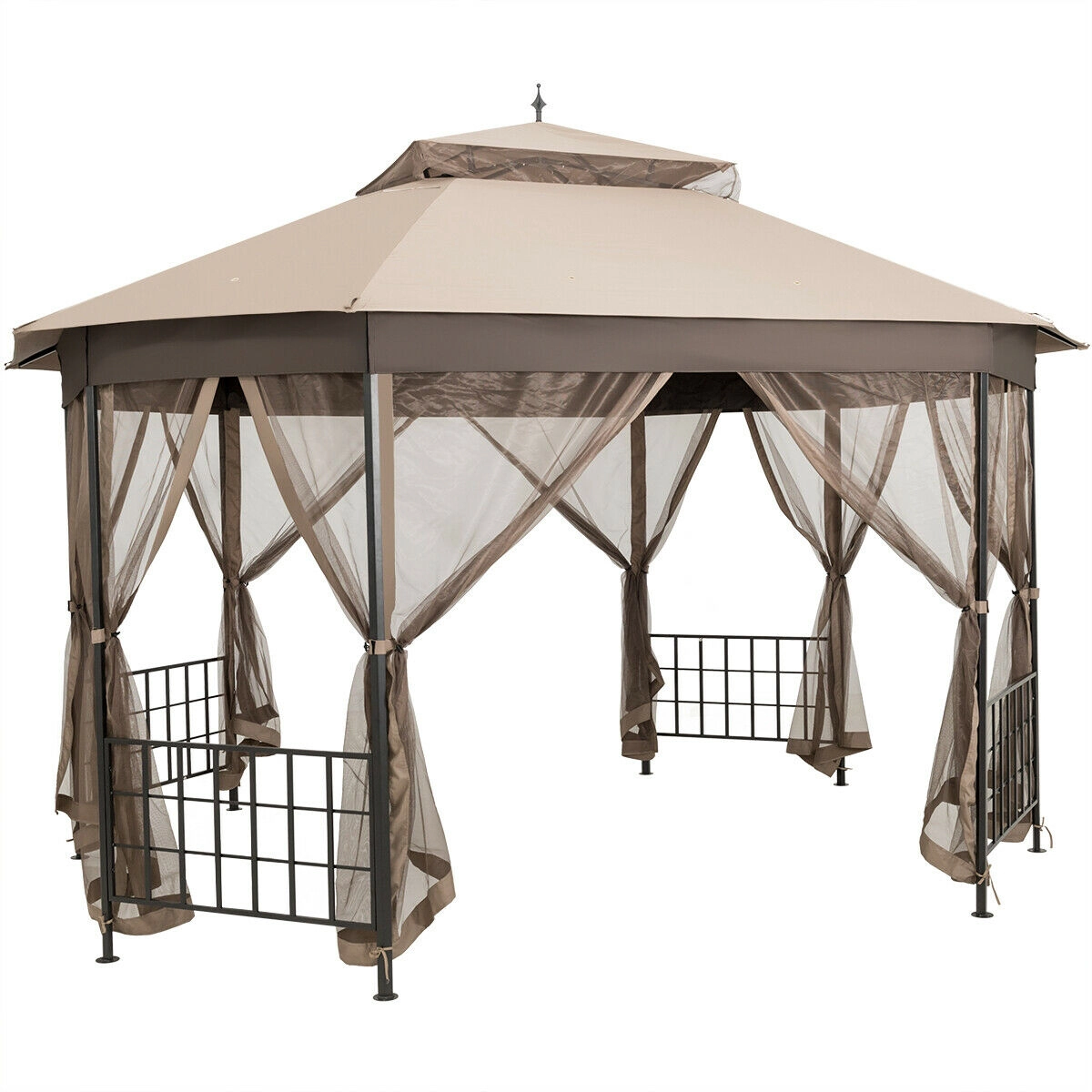 SUGIFT Brown Steel Frame and Vented Double Roof 12 x 10 ft Octagonal Patio Gazebo