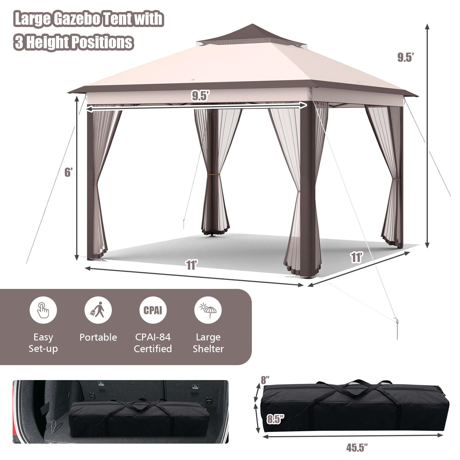 SUGIFT 11-ft x 11-ft Beige 2-Tier Pop Up Gazebo Canopy Tent with Mesh Screens and Carry Bag for Patio