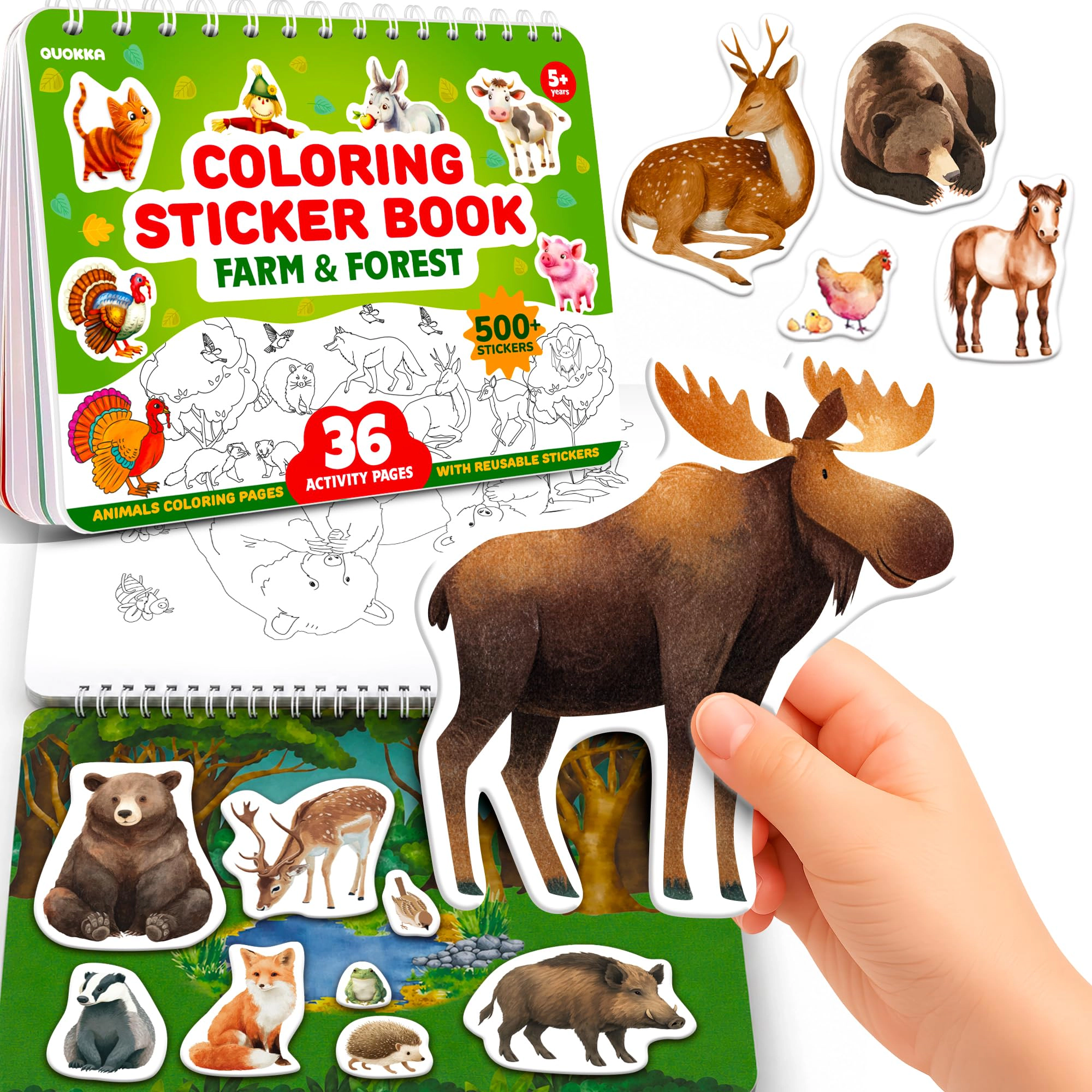 QUOKKA Sticker Activity Book for Kids Ages 3-5, Coloring Pages, Scene Building Activities and 500+ Stickers