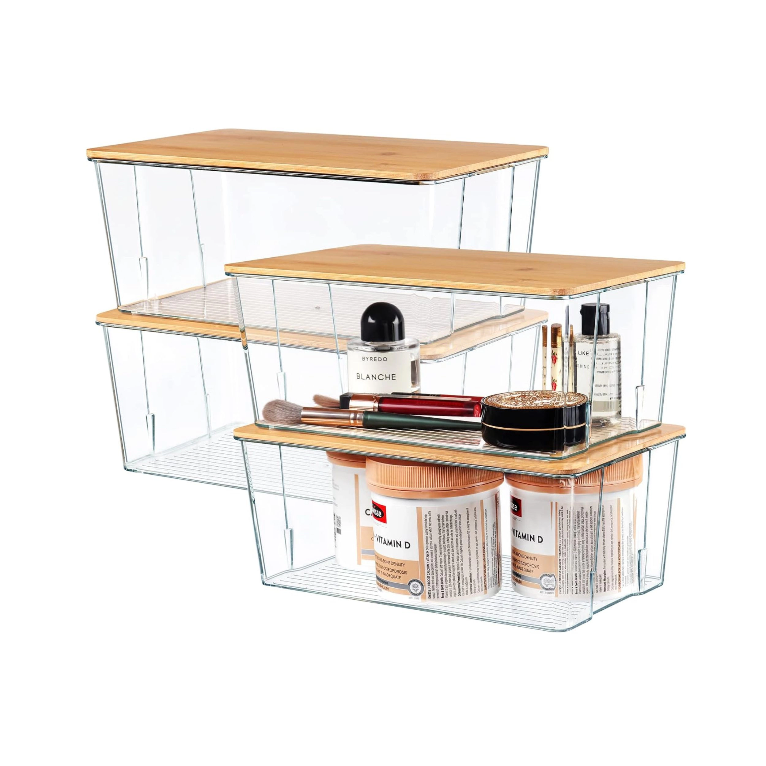 Stock Preferred Pack of 4 Stackable Plastic Storage Bins with Bamboo Lids
