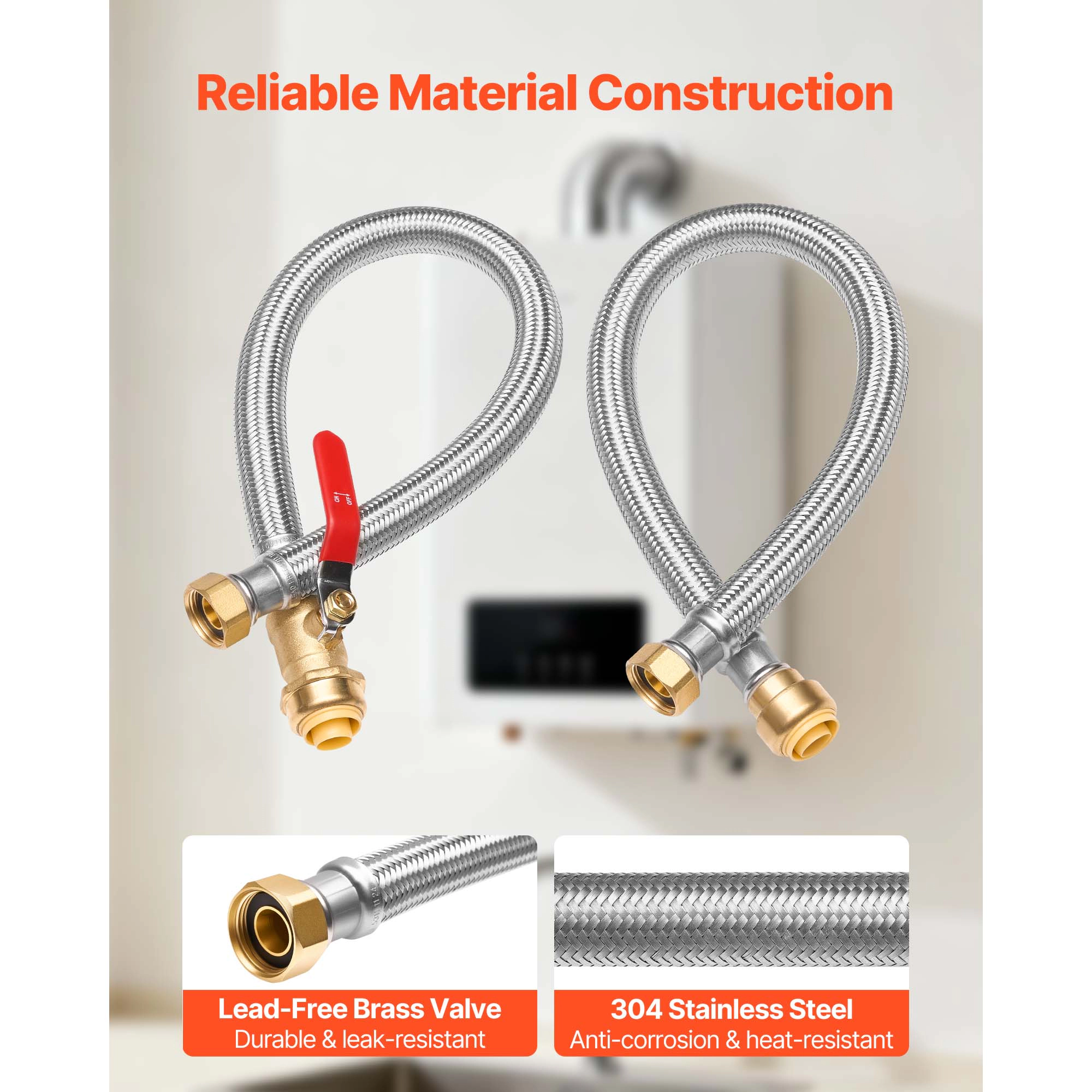 HONGGE Water Heater Kit Push-Fit Valve Flexible Water Heater Connector with 3/4" FIP PTC Ball Valve Stainless Steel