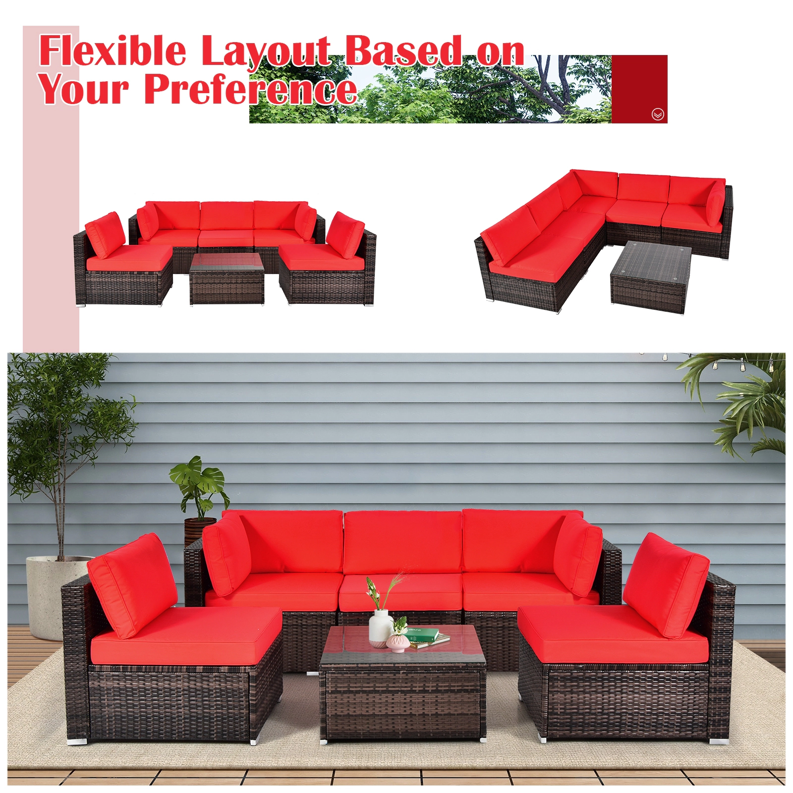 SUGIFT 6-Piece Red Rattan Patio Sectional Set with Glass Coffee Table
