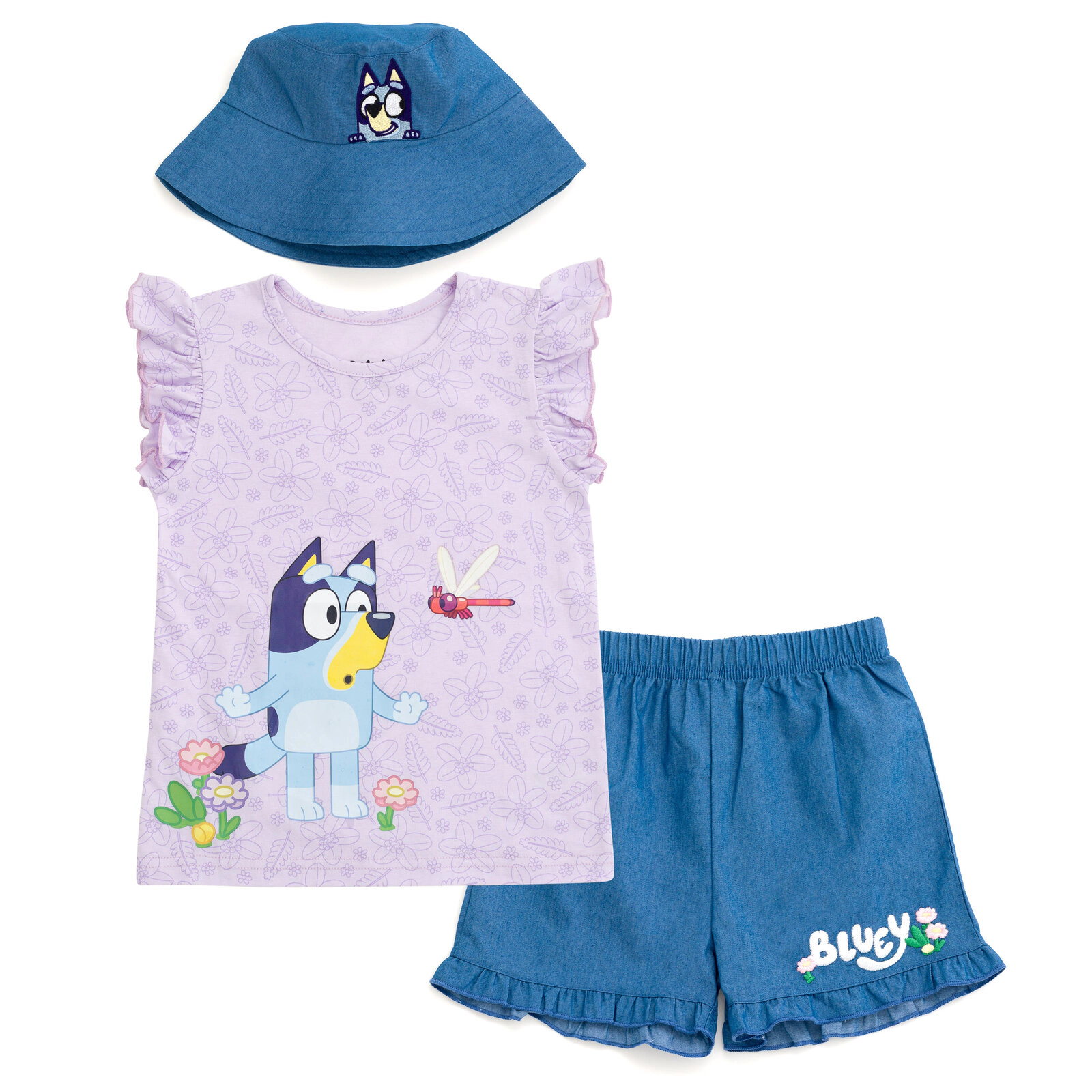 Bluey Girls' 3-Piece Top Shorts and Hat Set