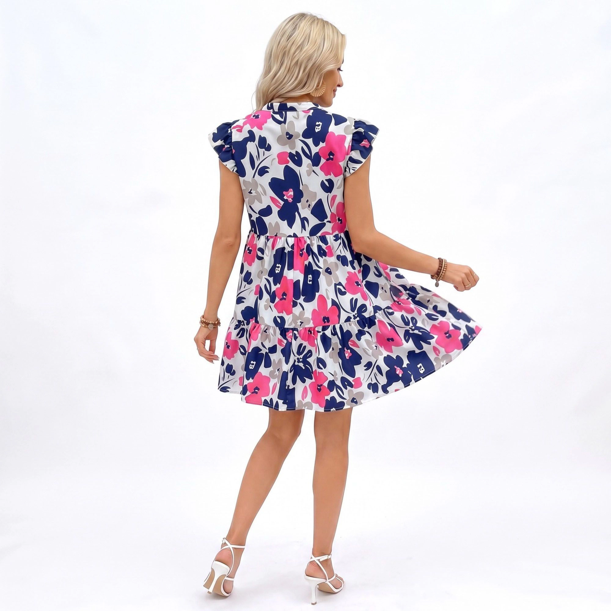 Anna-Kaci Women's Floral Print Ruffle Sleeve Tiered Mini Dress