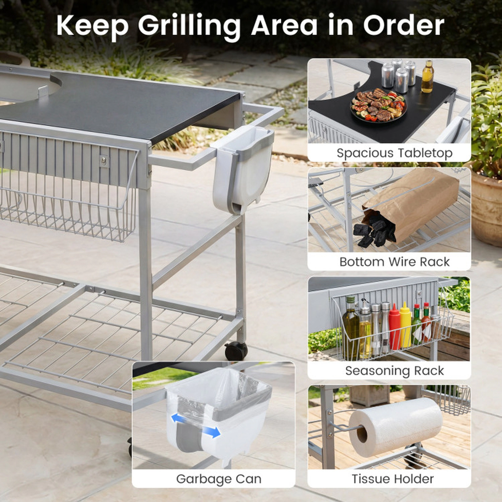 SUGIFT Black Rolling Grill Cart Table with Lid Holder and Seasoning Rack 55.5-in W 24.5-in D 31.5-in H