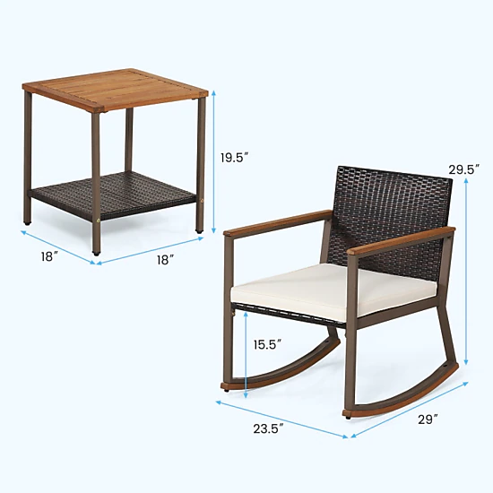 Hivvago 3 Pieces Rattan Rocking Bistro Set With Coffee Table And Cushions