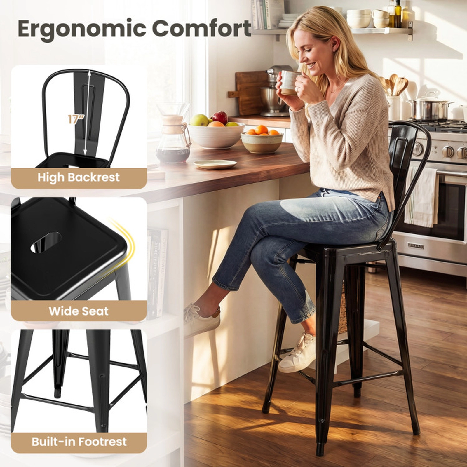 SUGIFT Set of 4 24-Inch Counter-Height Stackable Metal Bar Stools, Removable Backrests