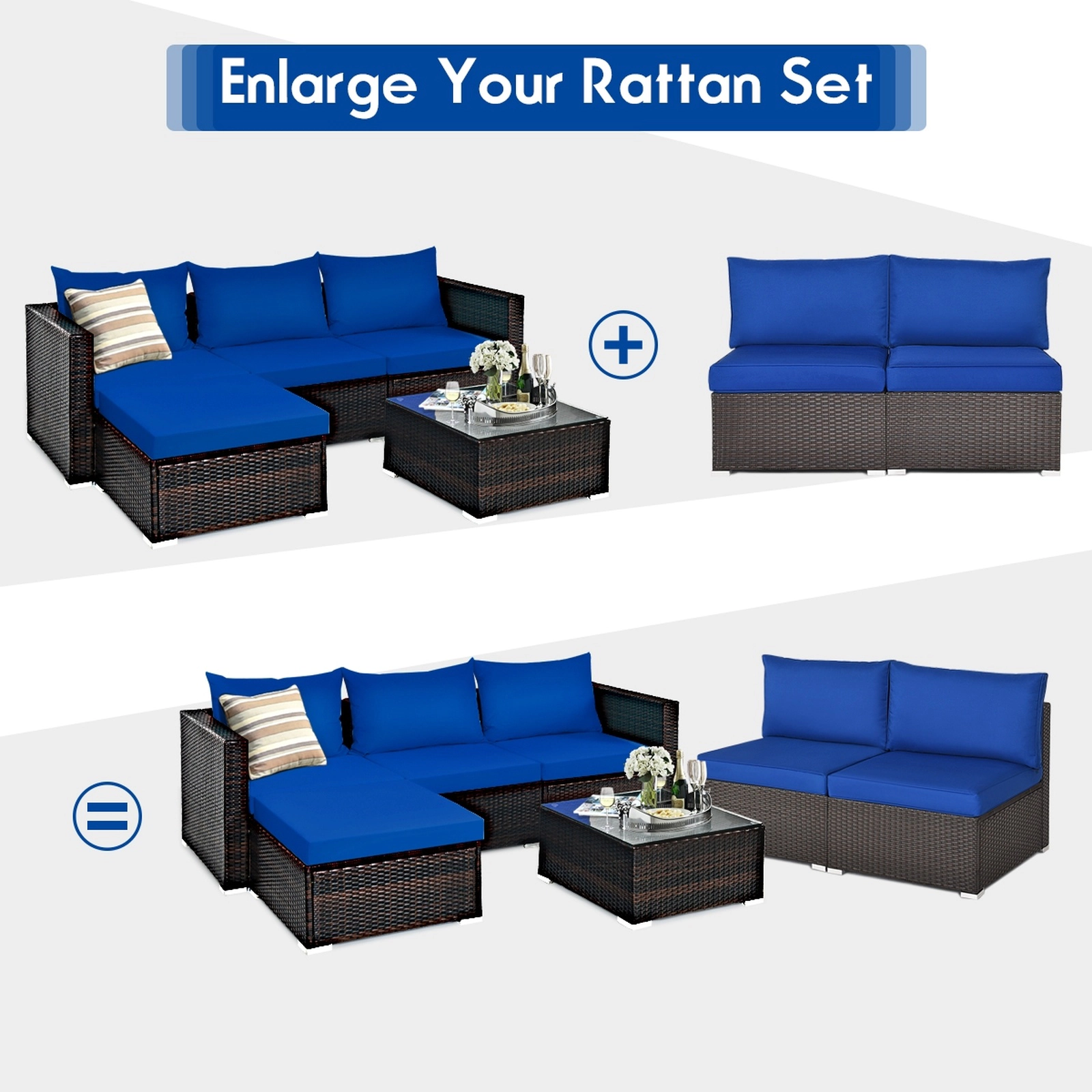 SUGIFT 2 Piece Patio Rattan Armless Sofa Set Navy with Cushions and Pillows