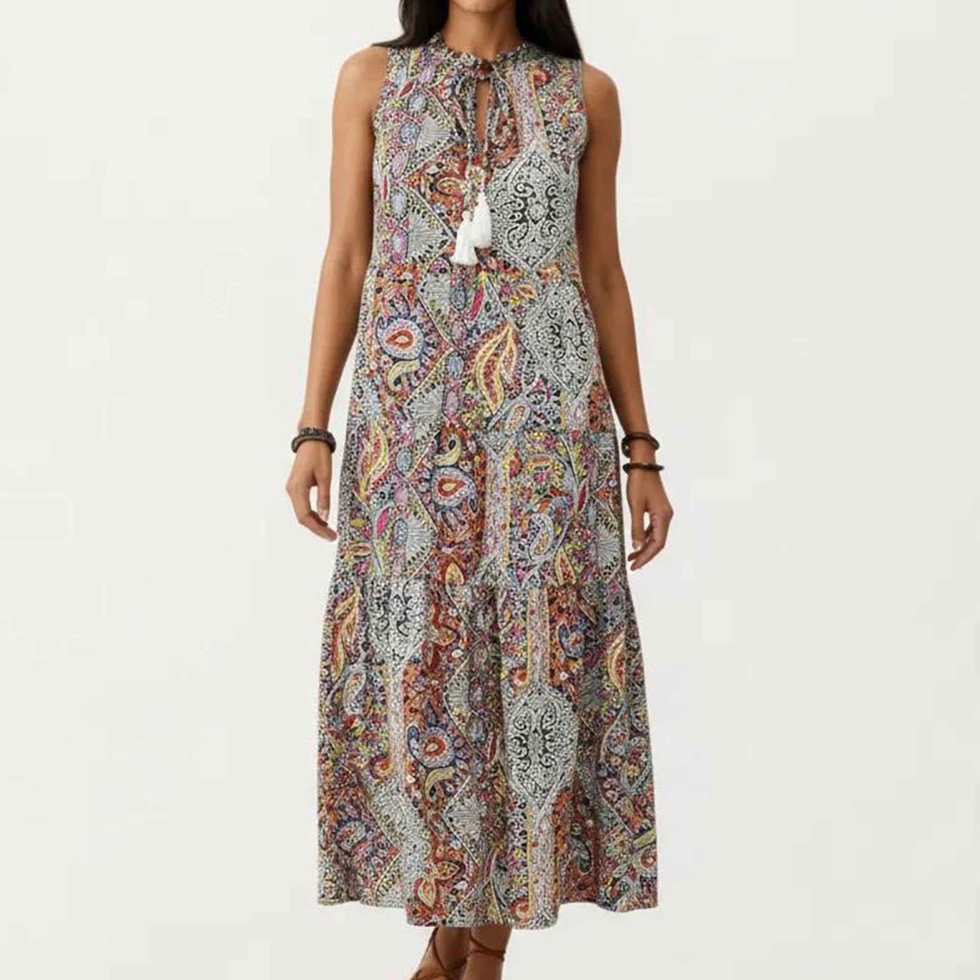 Anna-Kaci Women's Sleeveless Mixed Print Tie Neck Maxi Dress