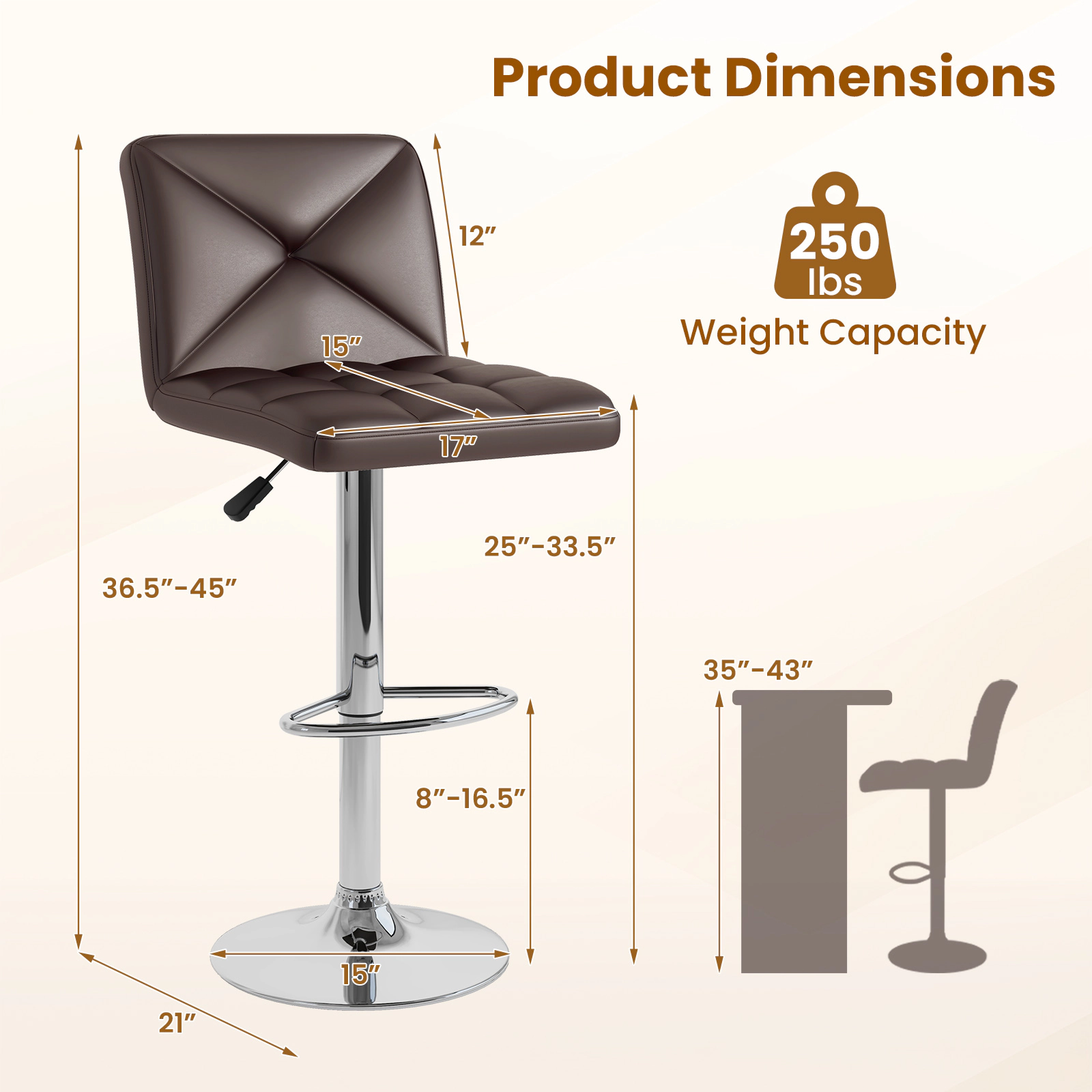 LJG PU Leather Upholstered Bar Stools Set of 2 with Back and Adjustable Height