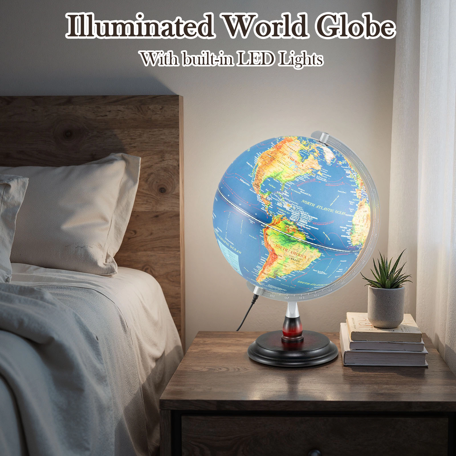 SUGIFT Kids Embossed LED Illuminated Time Dial Antique World Globe 12-in Diameter 12.5-in x 12.5-in x 17.5-in Navy