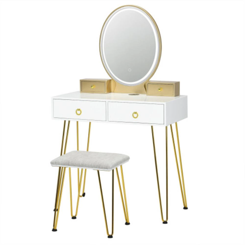 Hivvago Vanity Table Set With 3-Color Lighted Dimmable Mirror-White
