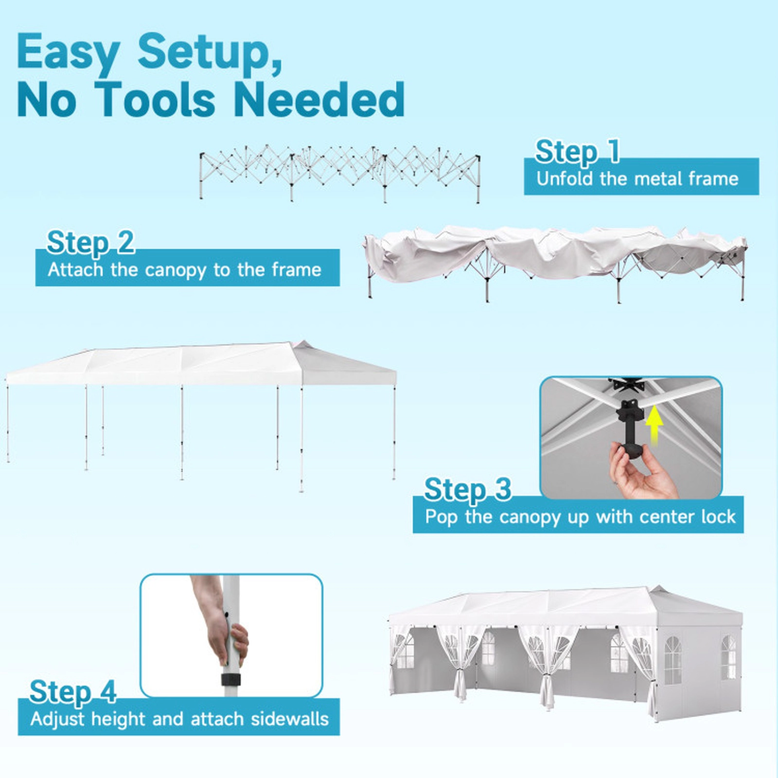 SUGIFT 10 x 30-ft Pop Up Canopy Tent with 8 Sidewalls 3-Height Adjustable Metal Frame with Carry Bag White