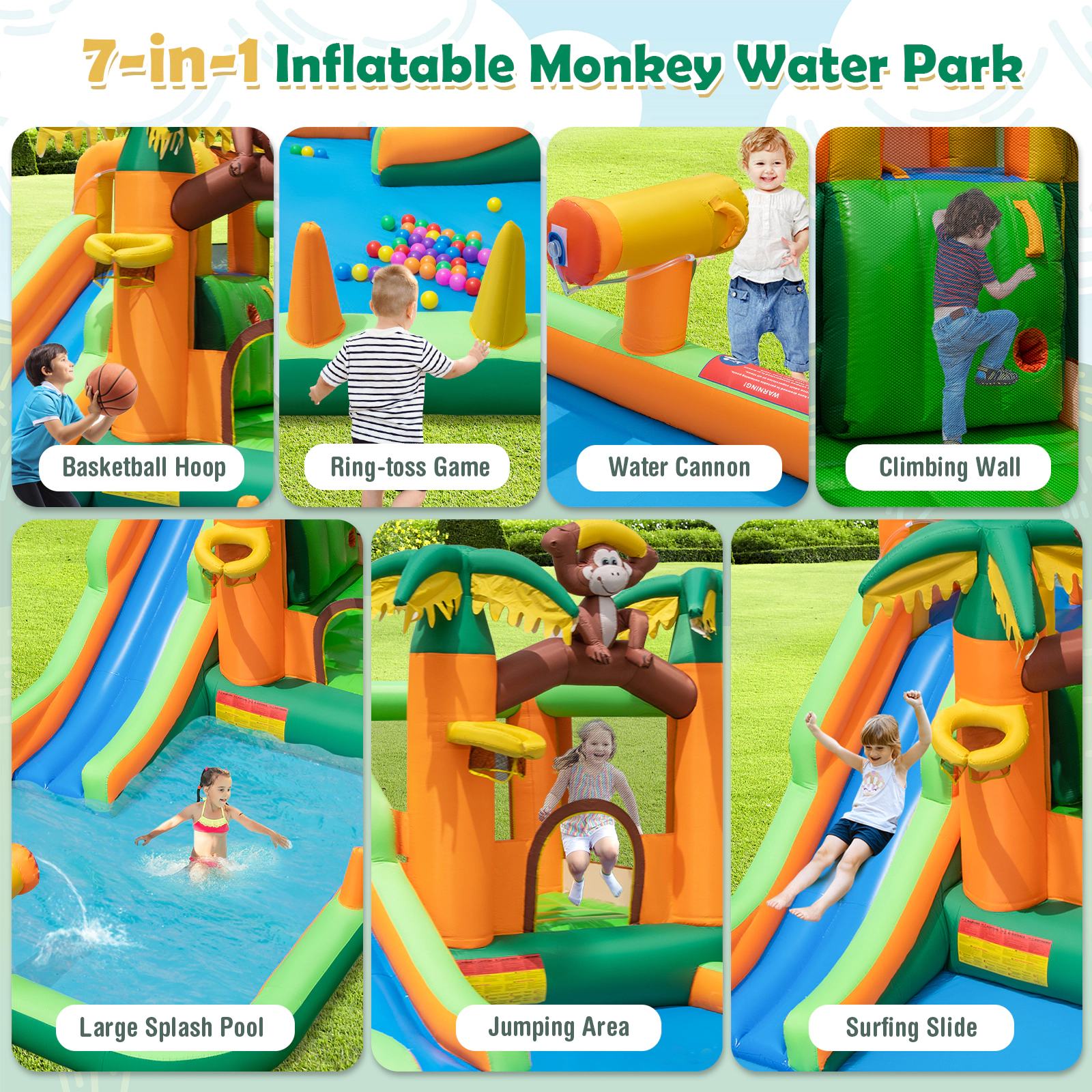 SUGIFT 6-in-1 Monkey-Themed Inflatable Bounce House Castle with Slide 200-lb Capacity Ages 3-10 Multi-color