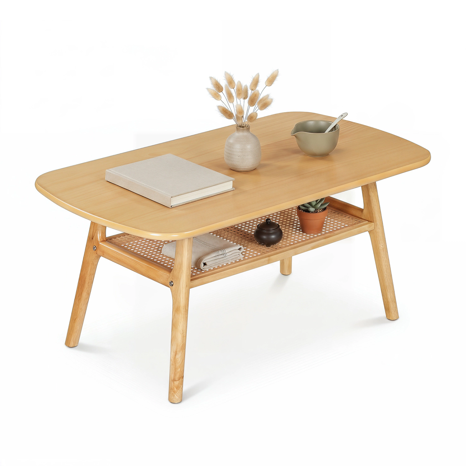 Glintex 2-Tier Boho 39.5-Inch Rattan Coffee Table with Rounded Corners