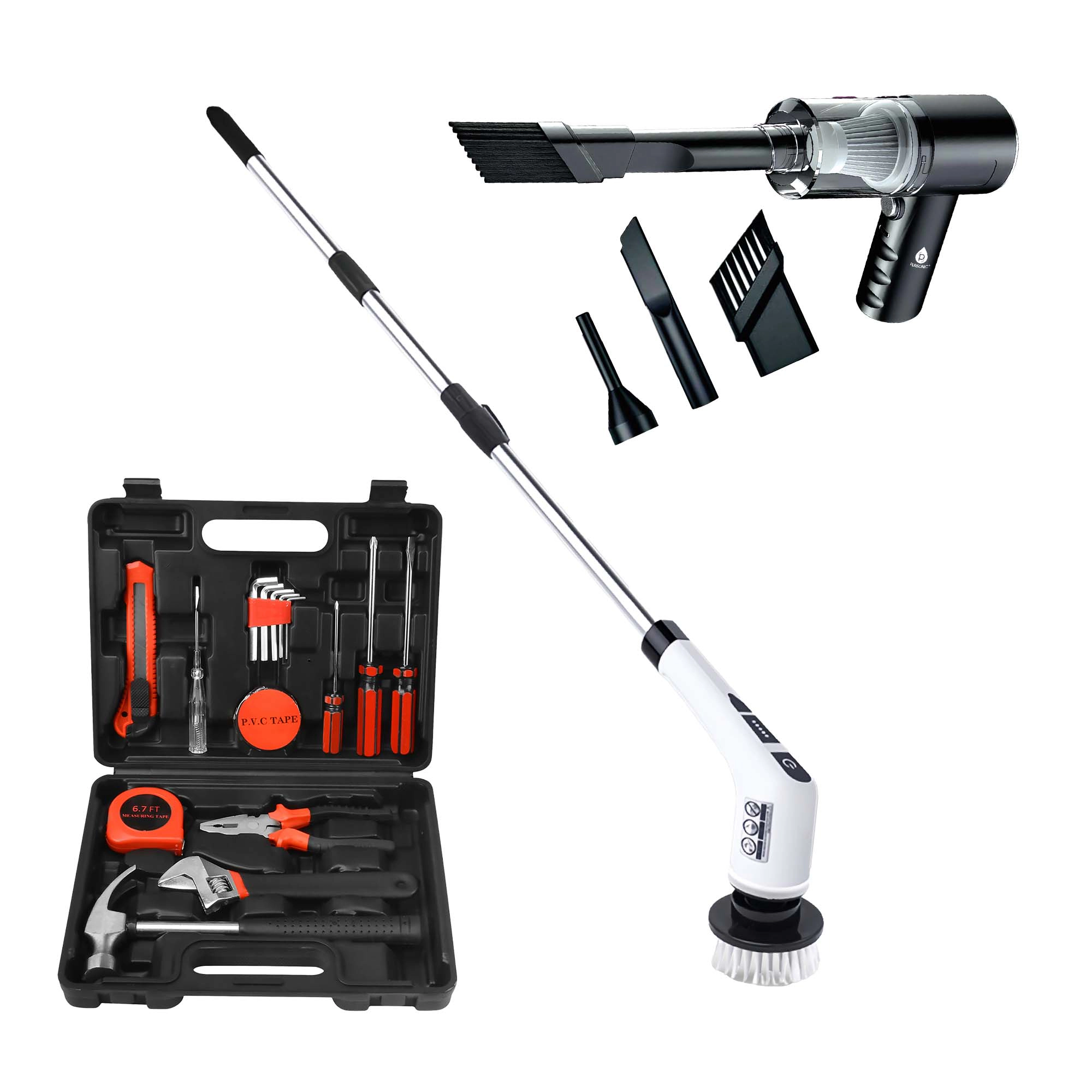 Pursonic Unisex Home Maintenance & Cleaning Bundle: 16-Piece Tool Kit, Cordless Scrubber & Mini Vacuum Air Duster