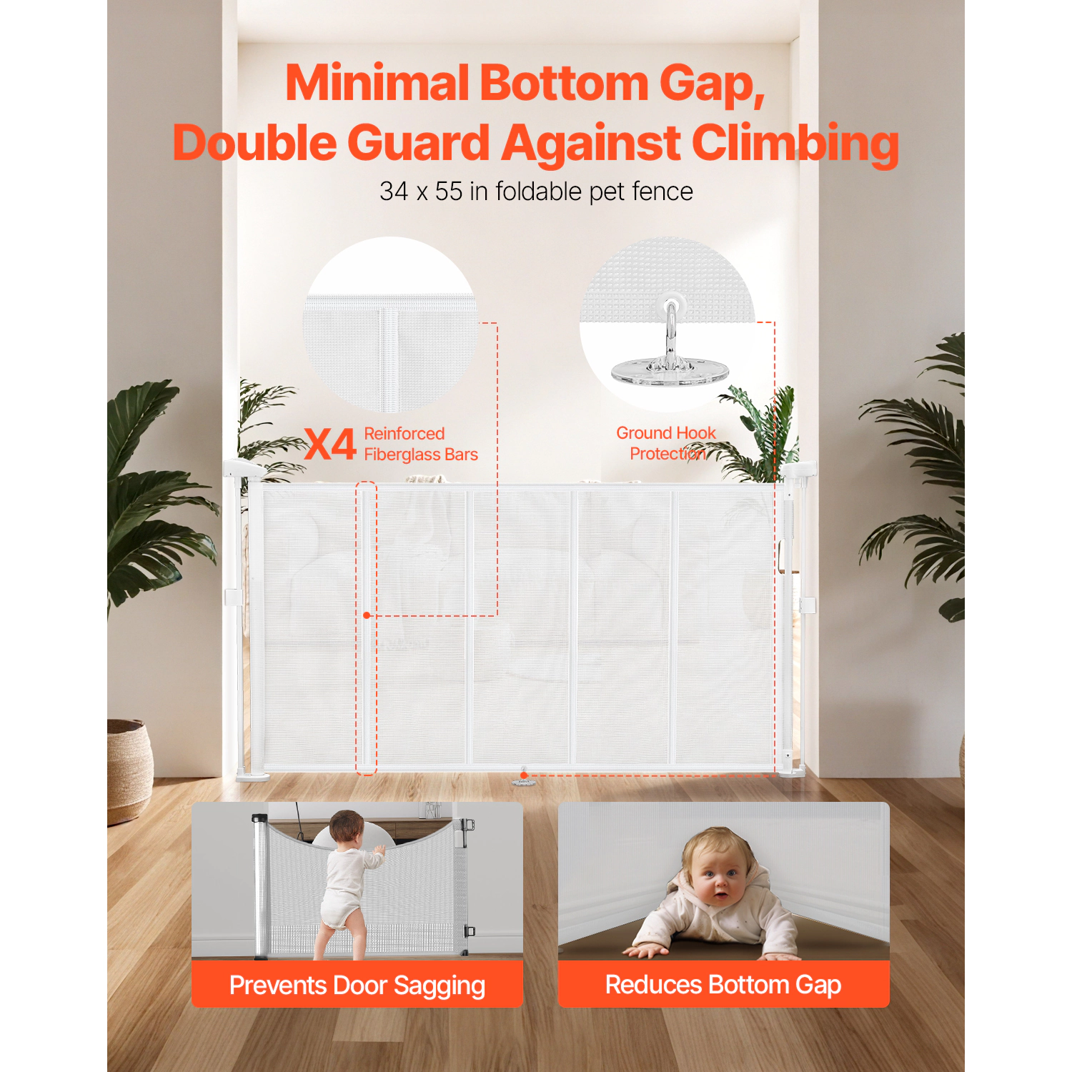 HONGGE Retractable Mesh Safety Gate, 34 in Tall, Extends up to 55 in Wide, Anti-Crawl for Stairs, White